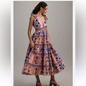 FARM Rio Pink and Purple Pleated Tiered Midi Dress